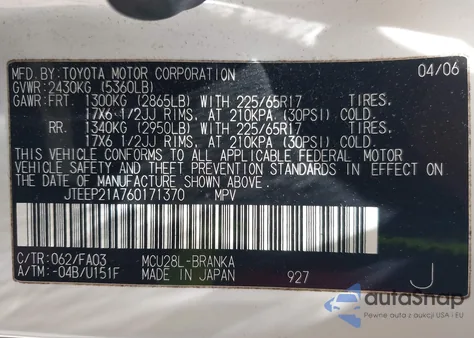 2006 Toyota Highlander Sport V6 z USA, uszkodzony, nr VIN JTEEP21A760171370